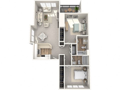 Floor plan for 2 beds, 2 baths, 1030 sqft
